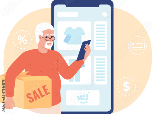 Sell used old clothes online flat concept vector spot illustration. Editable 2D cartoon character on white for web design. Thrift store creative idea for website, mobile, magazine. Oswald font used