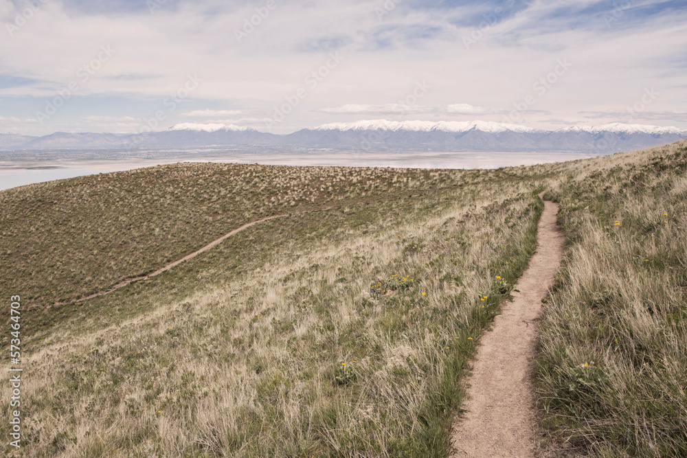 A hiking trail winds up Frary Peak, Antelope Island State Park, Utah A hiking trail winds up Frary Peak, Antelope Island State Park, Utah