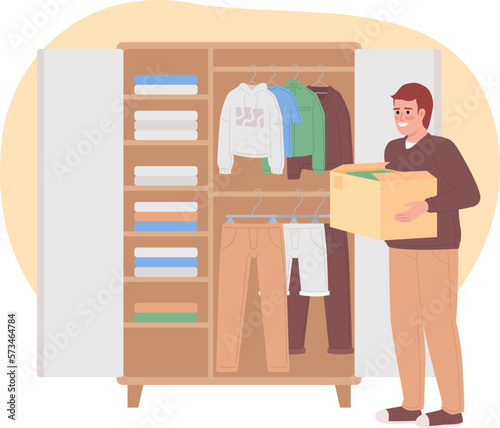Decluttering wardrobe clothes challenge 2D vector isolated spot illustration. Happy man with box near closet flat character on cartoon background. Colorful editable scene for mobile, website, magazine