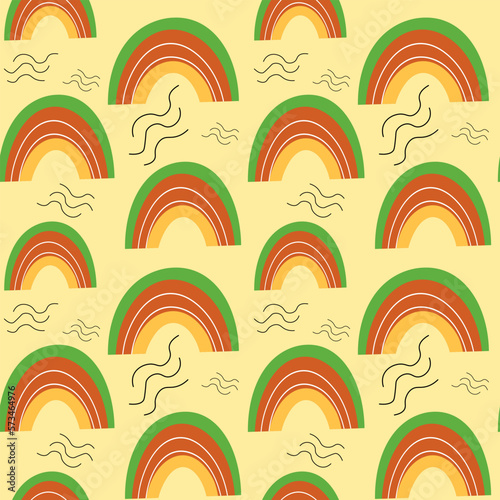 Cute rainbow seamless pattern in doodle scandinavian style. Pastel forest color illustration.