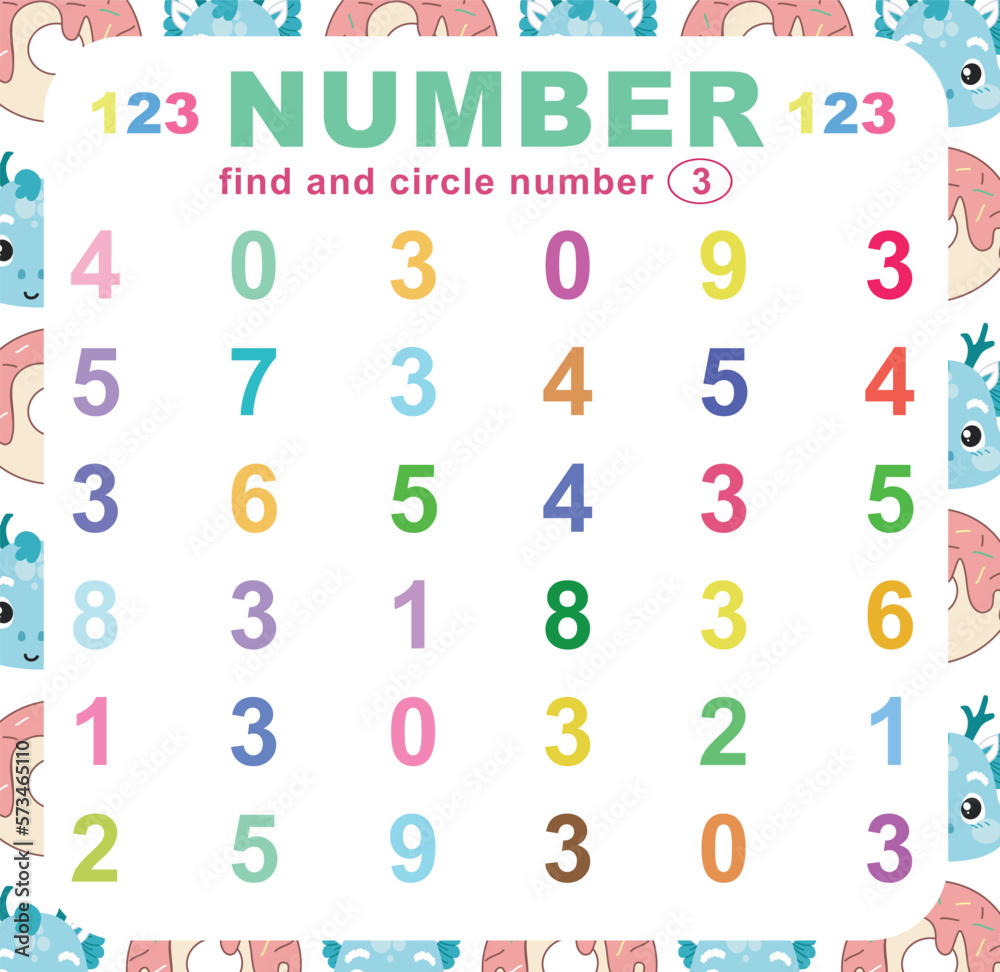 Search and circle the number on the worksheet. Exercise for children to recognize numbers. Educational sheet for preschool. Vector file. Search and circle the number on the worksheet. Exercise for children to recognize numbers. Educational sheet for preschool. Vector file.