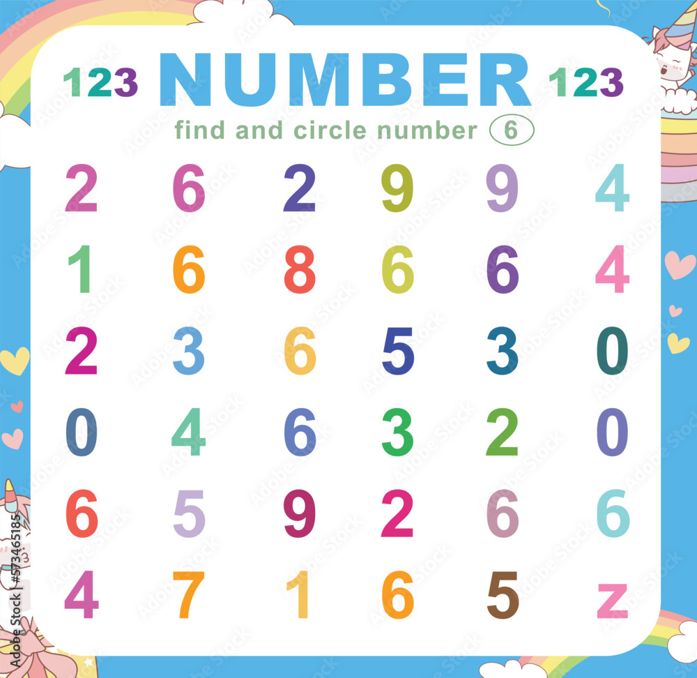 Search and circle the number on the worksheet. Exercise for children to recognize numbers. Educational sheet for preschool. Vector file.