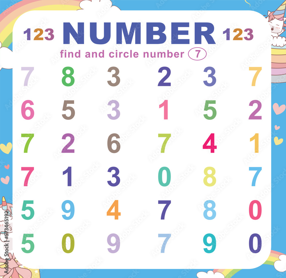 Search and circle the number on the worksheet. Exercise for children to recognize numbers. Educational sheet for preschool. Vector file. Search and circle the number on the worksheet. Exercise for children to recognize numbers. Educational sheet for preschool. Vector file.