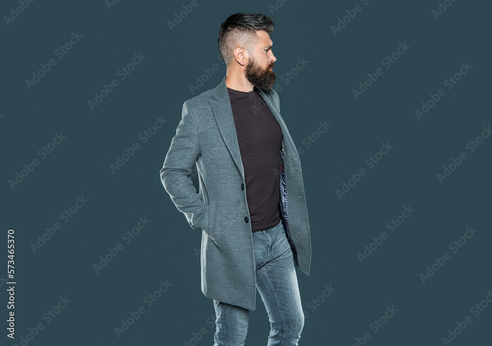 bearded mature man wear casual on grey background. menswear bearded mature man wear casual on grey background. menswear
