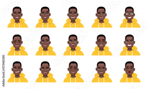 Set of different emotions of a black guy in a yellow hoodie. Facial expression. Smile, happiness, anger, sadness, surprise, fear.