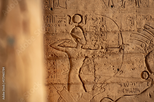 Hieroglyphic relief details from the Ramesseum, memorial temple or mortuary temple of Egyptian Pharaoh Ramesses II, part of the Theban Necropolis on the West Bank of the Nile, Luxor, Upper Egypt.
