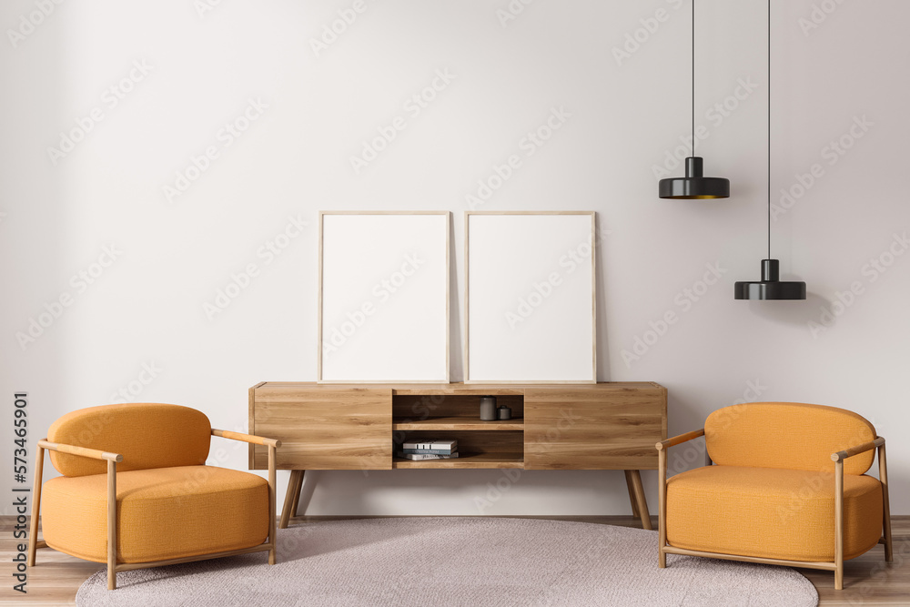 Fototapeta premium Bright living room interior with two empty white poster