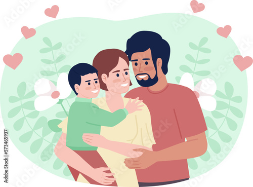 Happy young family flat concept vector spot illustration. Editable 2D cartoon characters on white for web design. Parents with toddler hugging creative idea for website, mobile, magazine