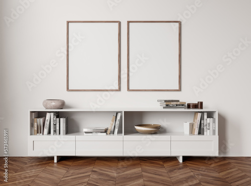 Stylish gallery room interior with sideboard and decoration  mockup frames