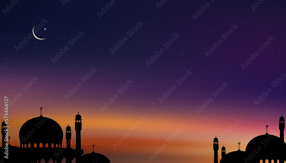 Islamic card with Mosques dome,Crescent moon on blue sky background,Vertical banner Ramadan Night with twilight dusk sky for Islamic religion,Eid al-Adha,Eid Mubarak,Eid al fitr,Ramadan Kareem