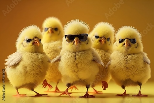 Fotobehang cheerful chick in black sunglasses on a yellow background