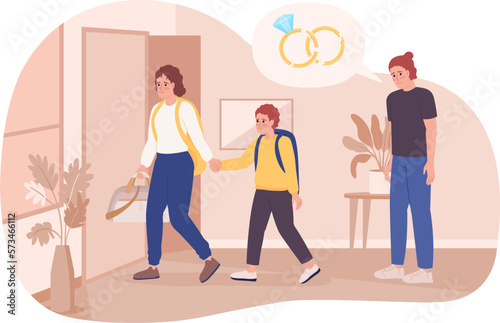 Child custody in divorce 2D vector isolated spot illustration. Mother taking unhappy son away from dad flat characters on cartoon background. Colorful editable scene for mobile, website, magazine