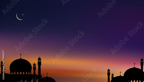 Islamic card with Mosques dome,Crescent moon on blue sky background,Vertical banner Ramadan Night with twilight dusk sky for Islamic religion,Eid al-Adha,Eid Mubarak,Eid al fitr,Ramadan Kareem
