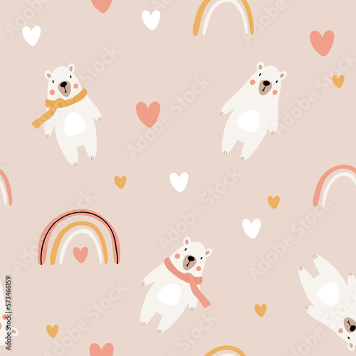Cute bear seamless pattern. polar bear with hearts and rainbows. Kawaii cartoon character. Baby greeting card template. Notebook cover, tshirt.