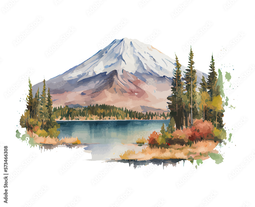 Colorful mountain landscape watercolor style isolated on white background. Snowy mountain peak with a lake and fir trees. Watercolor mountain landscape. Ideal for postcard, book, poster, banner.Vector