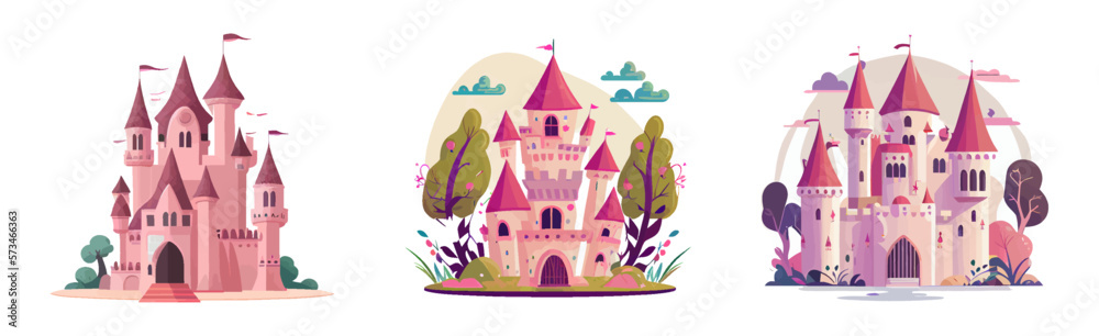 Fairytale pink princess castle set. Cartoon kingdom of little queen, magic castles, isolated on white background. Design for print, game interface, app, book, sticker, merch. Vector illustration