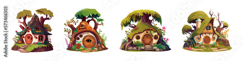 Hobbit house set. Vector illustration of a hobbit house in the forest on a white background. Cartoon set of hobbit house icons. Ideal for print, game interface, book, sticker or poster. Vector photo