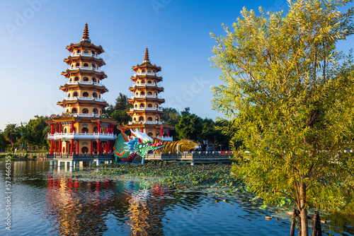 Architecture view of the Dragon and Tiger Pagodas in Lotus Pond(Lianchihtan) of Kaohsiung, Taiwan. it is a temple located at Lotus Pond. photo