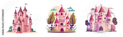 Fairytale pink princess castle set. Cartoon kingdom of little queen, magic castles, isolated on white background. Design for print, game interface, app, book, sticker, merch. Vector illustration