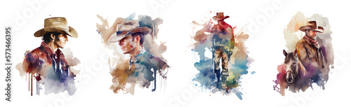 Cowboy with a horse on a white background. Cowboy with a hat and full length. Wild West. Watercolor set of westerner, cowboy. Ideal for postcard, book, poster, banner. Vector illustration