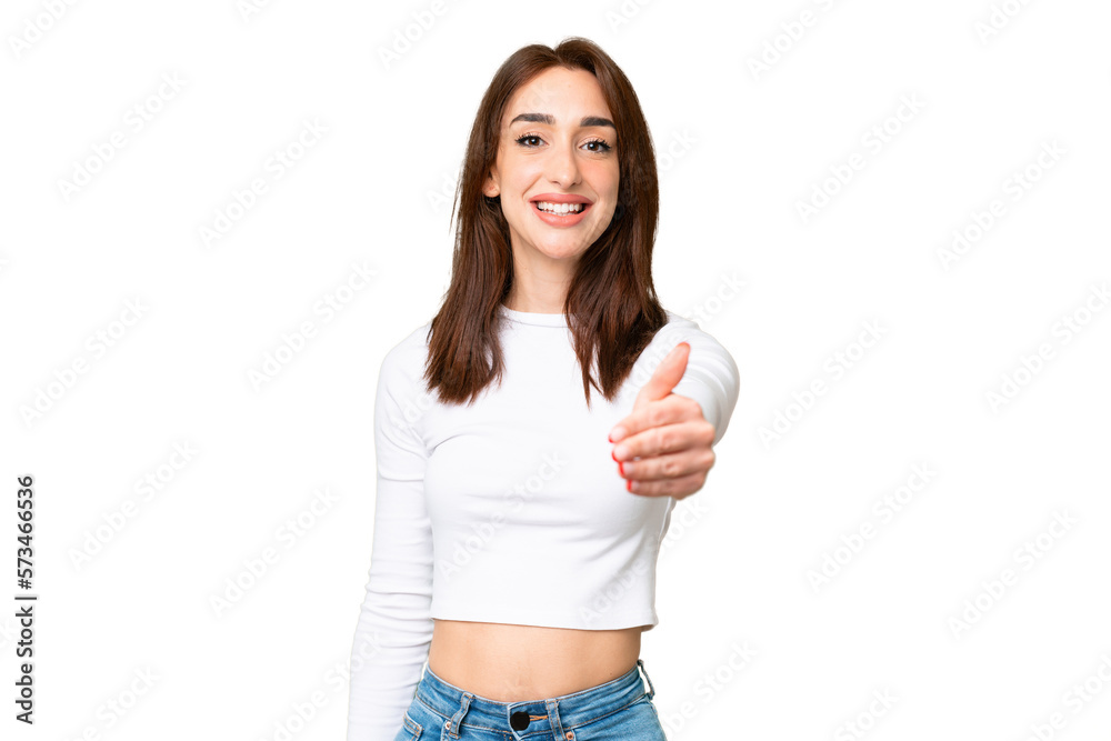 Young caucasian woman over isolated chroma key background shaking hands for closing a good deal Young caucasian woman over isolated chroma key background shaking hands for closing a good deal