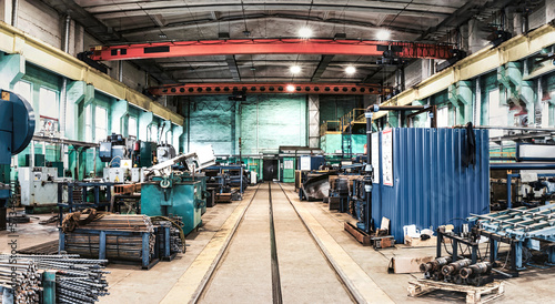 Interior of metalworking factory workshop hangar. Modern industrial enterprise production. © Anoo