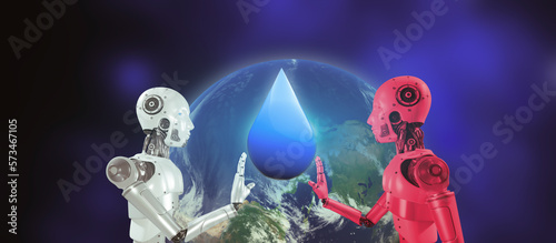 Two white and red robot hands will touch the blue water drop icon on the background of the world.  AI  is very important for the future world. The concept of saving the world  World Day and copy space
