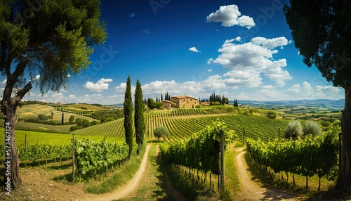 Tuscany landscape with vineyard, beautiful daylight, Generative Ai.