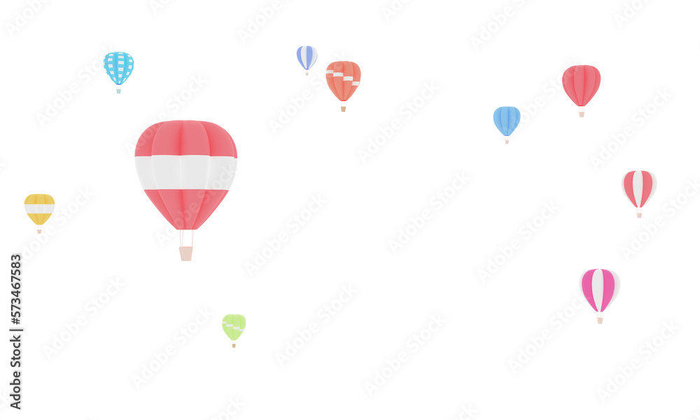 Colorful hot air balloons rising above serene on white background. Beautiful sun light Hot air balloon isolate. 3d rendering. illustration digital. colorful cute pastel