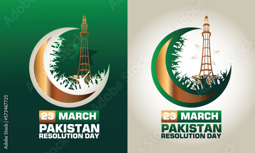 Pakistan Resolution Day Logo Design With Moon and Minar e Pakistan Crowd