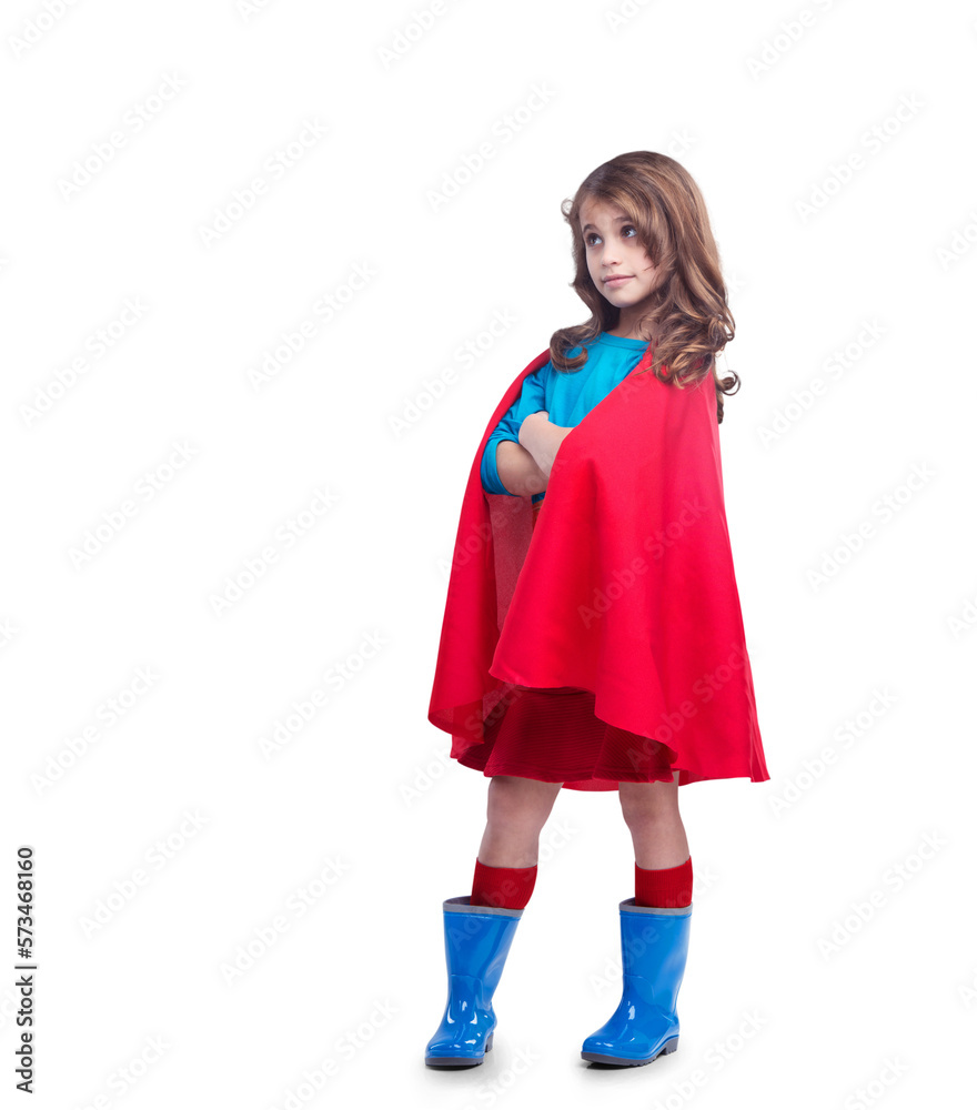 A cute girl contemplating and posing in a superhero costum or a creative cosplay, halloween and character design isolated on a png background