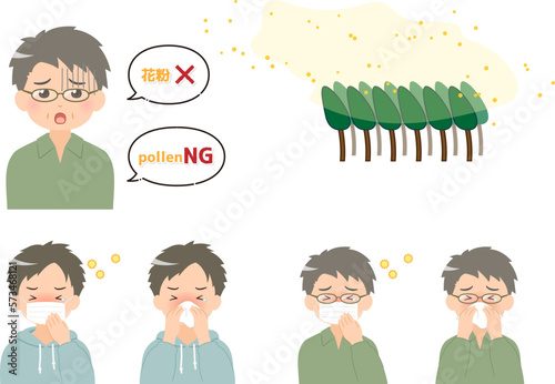 花粉を飛ばす杉と花粉症に悩む若い男性・年配男性のセット