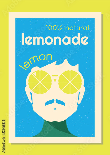 Vector label set for lemonade in retro style.  Label design for strawberry, lemon and orange lemonade with characters wearing big glasses in 70's style.