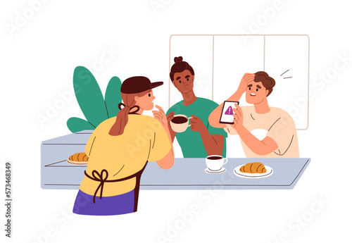 People shocked by bad news. Person reading and sharing negative information, danger warning from internet on mobile phone, smartphone. Flat graphic vector illustration isolated on white background
