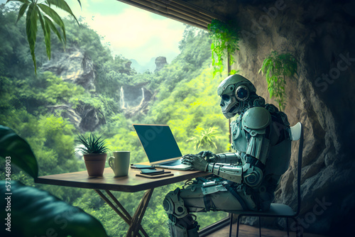 Humanoid robot works at a desktop laptop, lives alone in a house with a window view of the jungle forest and wildlife. Generative AI
