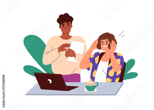 People in anxiety, stress, looking at laptop computer, bad news, negative business information. Work problem, failure, trouble concept. Flat graphic vector illustration isolated on white background