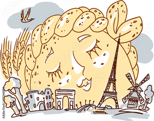 Illustration of a huge bread roll and spikelets of cereals as the sky over the Eiffel Tower and other symbols of France