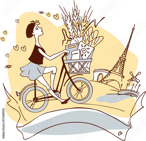 Illustration of a girl on a bike with a bag of delicious French baguettes rides down a Parisian street with the Eiffel Tower in the background