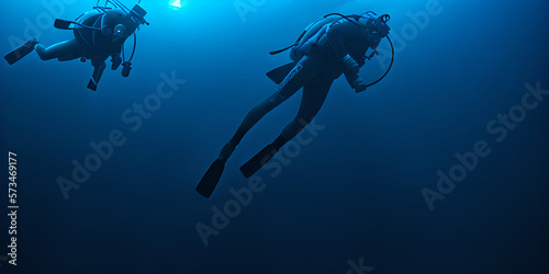 scuba diver in the underwater, copy space for text, illustration, Generative, AI