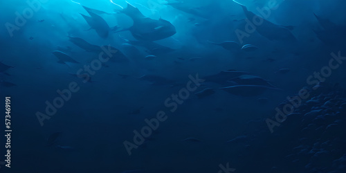 abstract dark blue background, fish underwater concept, copy space for text, illustration, Generative, AI