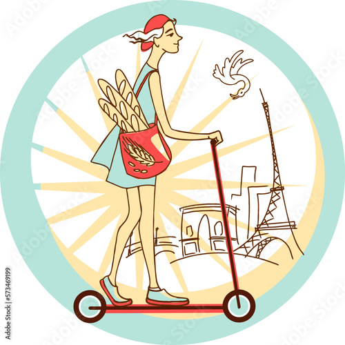 Illustration of a girl with a bag of delicious French baguettes on a scooter rides along a Parisian street with the Eiffel Tower in the background
