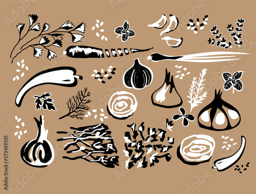 Rectangular pattern with drawn vegetables in three colors
