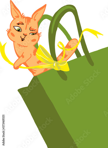 Red cat Fox cub unties a ribbon with a green gift bag