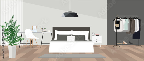 Illustration of the interior of a white and gray cozy bedroom.