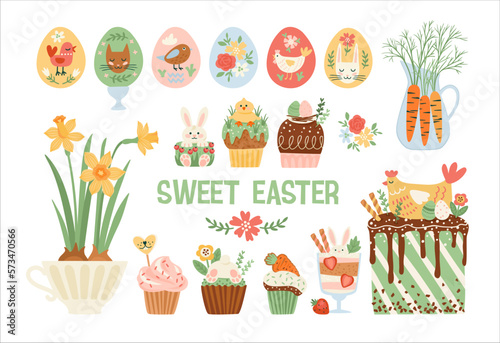 Easter isolated illustrations. Cupcake, cake, dessert with easter symbols. Vector design