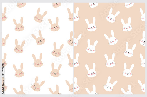 Fototapeta Naklejka Na Ścianę i Meble -  Cute Happy Rabbits Print. Hand Drawn Vector Seamless Pattern with White Funny Bunnies isolated on a White and Light Beige Background. Easter Holidays Print with Lovely Rabbit ideal for Fabric,Textile.
