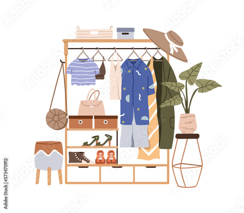 Fashion wardrobe, modern women clothes hanging on hanger rail, garments on racks. Female footwear, apparel, bag and summer accessories storage. Flat vector illustration isolated on white background