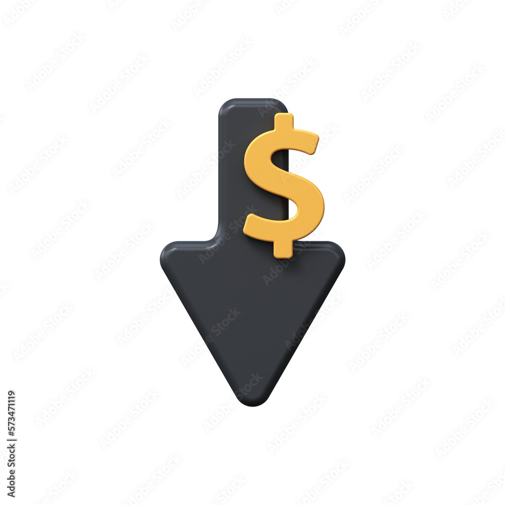3d dollar sign with black down arrow. Income decline symbol. 3d dollar sign with black down arrow. Income decline symbol.