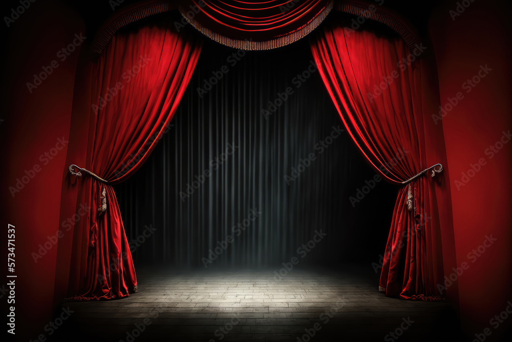 Empty theatre stage in spolight with red curtains. Generative AI - obrazy, fototapety, plakaty 