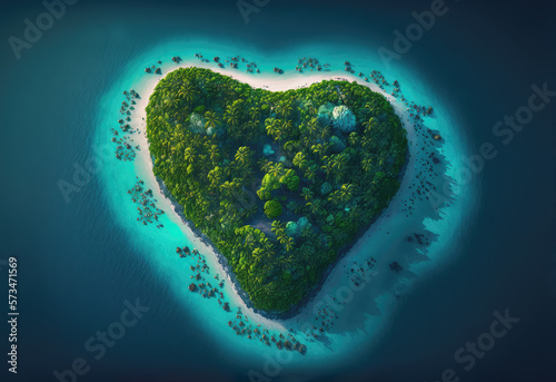 Heart shaped tropical island, aerial view, generative ai